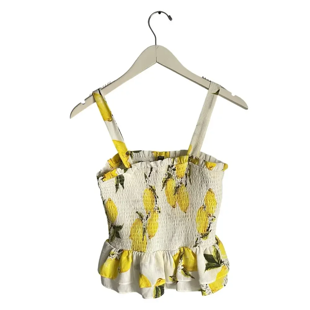 Aqua White Yellow Peplum Tank Top Smocked Lemons Novelty Prep Summer Vacation M - Picture 2 of 6
